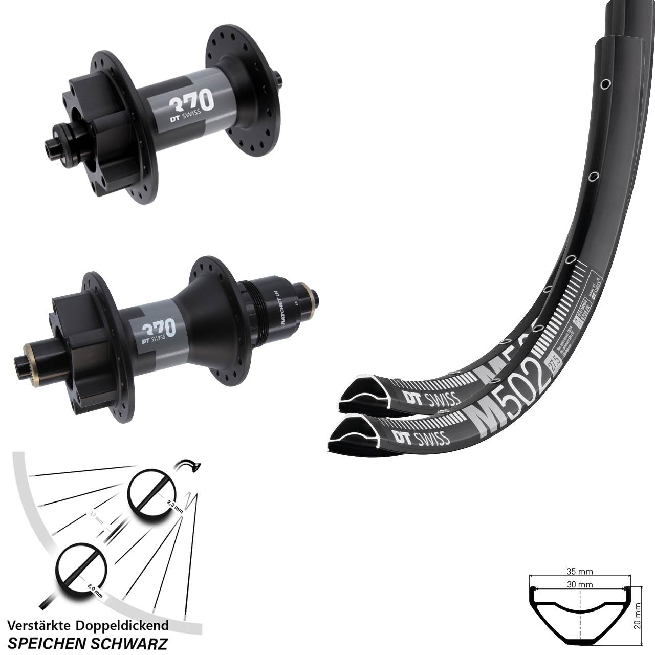 DT Swiss M 502-370 27,5 Zoll Disc Laufrad-Satz für Schnellspanner SRAM XD