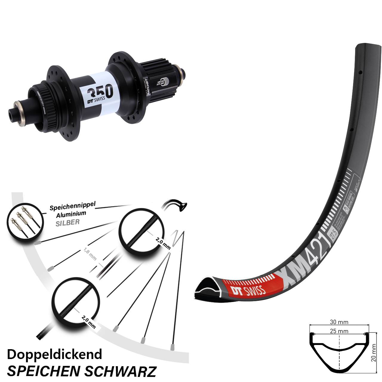 Hinterrad 27,5 Zoll DT Swiss XM 421-350 Centerlock Micro Spline QR