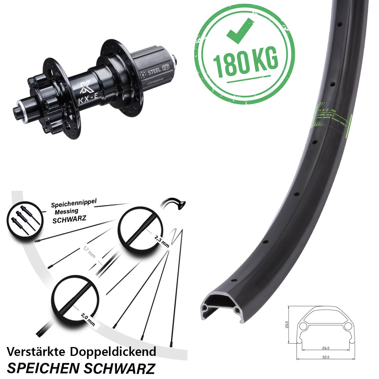 27,5 Zoll KX Evo E-Bike 6 Kugellager Disc Hinterrad QR 8-12 fach HG