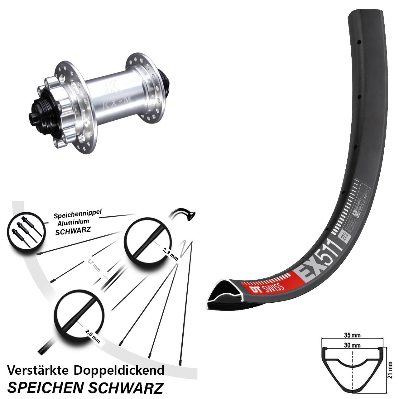 27,5 Zoll DT Swiss EX 511 KX-M Disc Vorderrad für Schnellspanner