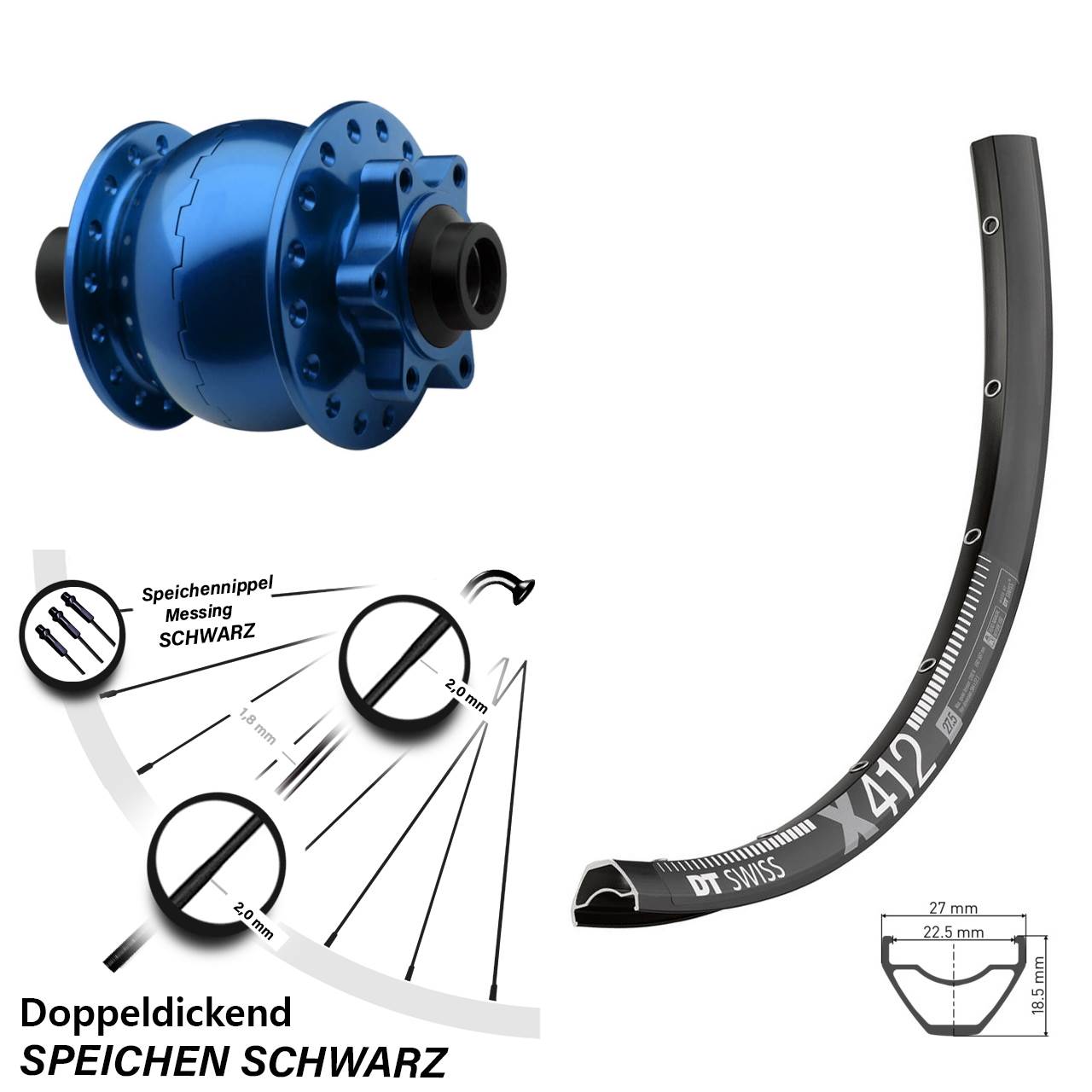 29 Zoll 6-Loch Dynamo-Vorderrad DT Swiss X 412 SON 28 blau 15x100