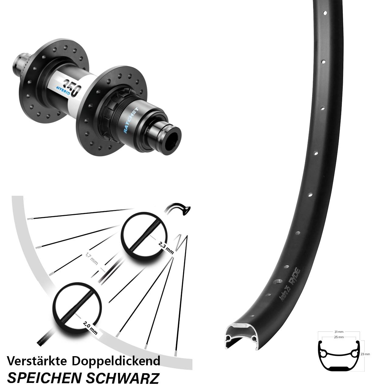 Ryde Andra 25 DT Swiss 350 Hybrid 29 Zoll Disc Hinterrad 12x148 XD