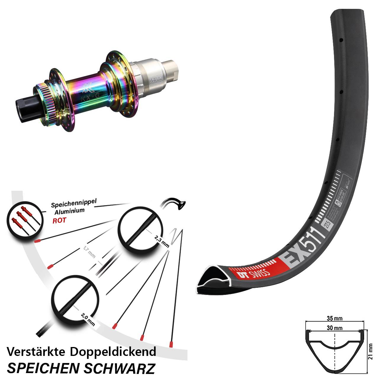 Disc Hinterrad 12x142 27,5 Zoll DT Swiss EX 511 KX-G Oilslick SRAM XDR