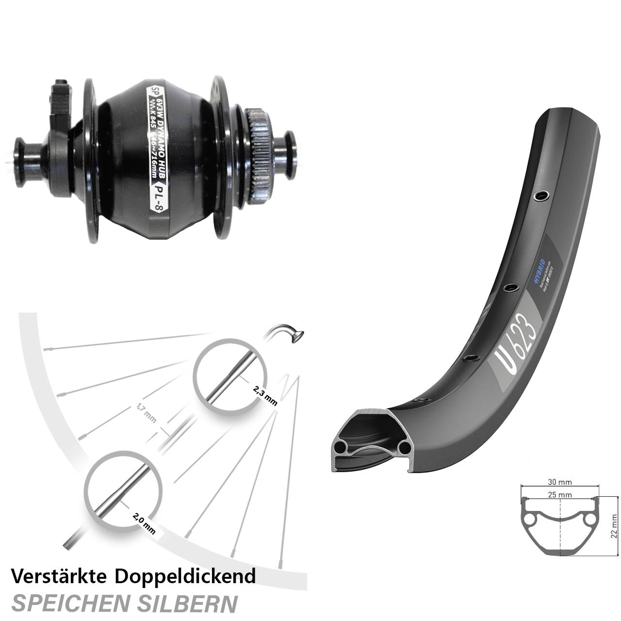 DT Swiss U623 Shutter Precision PL-8 28 Zoll Centerlock Dynamovorderrad für Schnellspanner