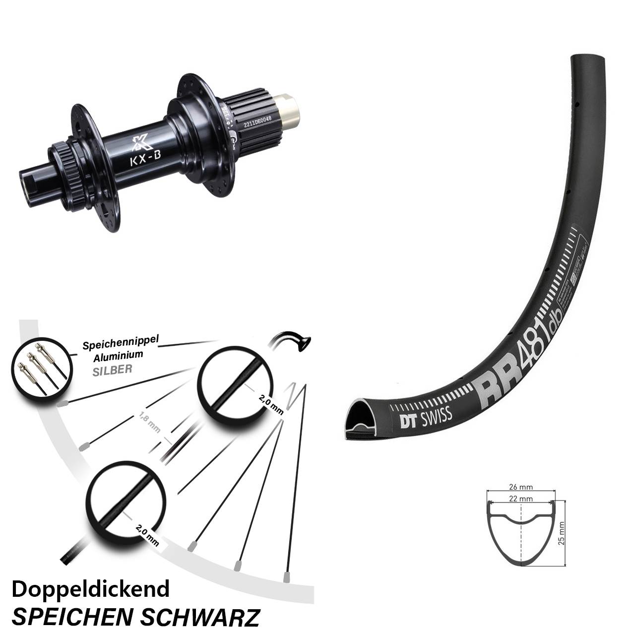 Laufrad 28 Zoll DT Swiss RR 481 Disc KX-B Centerlock 12/148 Boost Micro Spline schwarz