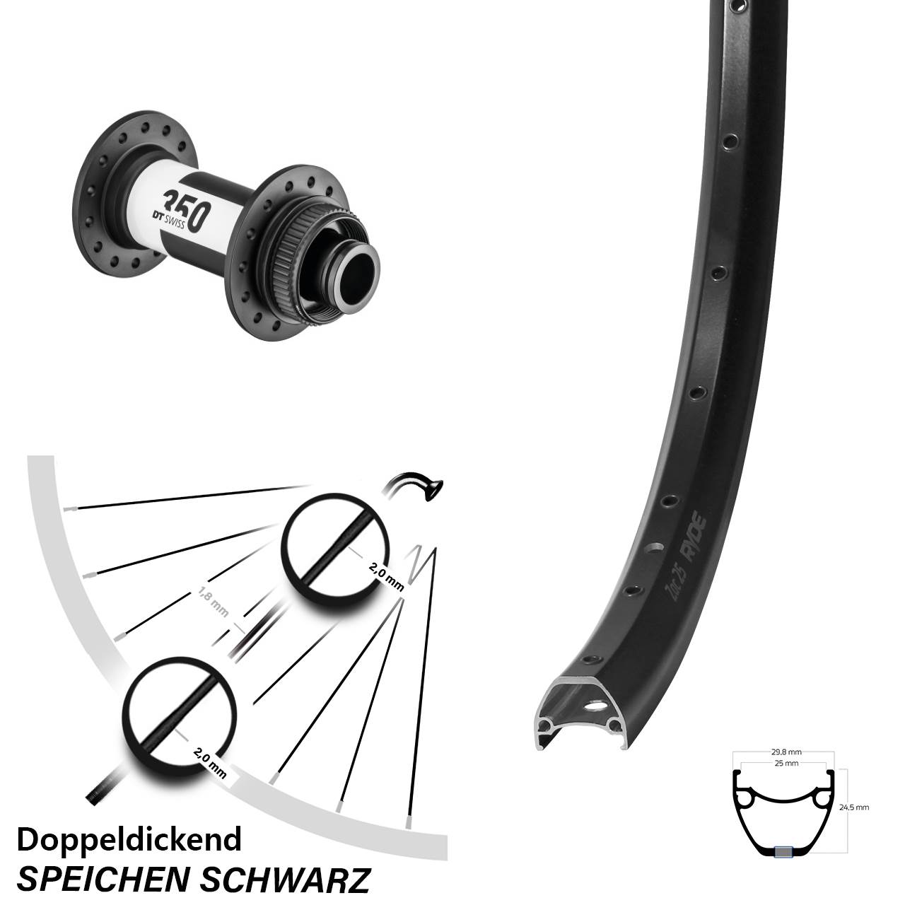 Vorderrad 28-29 Zoll Ryde ZAC 25 DT Swiss 350 15x100 Centerlock