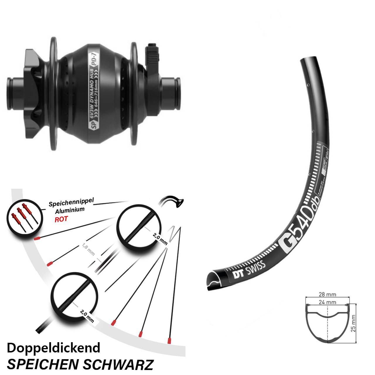 6-Loch Dynamo-Vorderrad 650B DT Swiss G540 Shutter PD-7 12x100