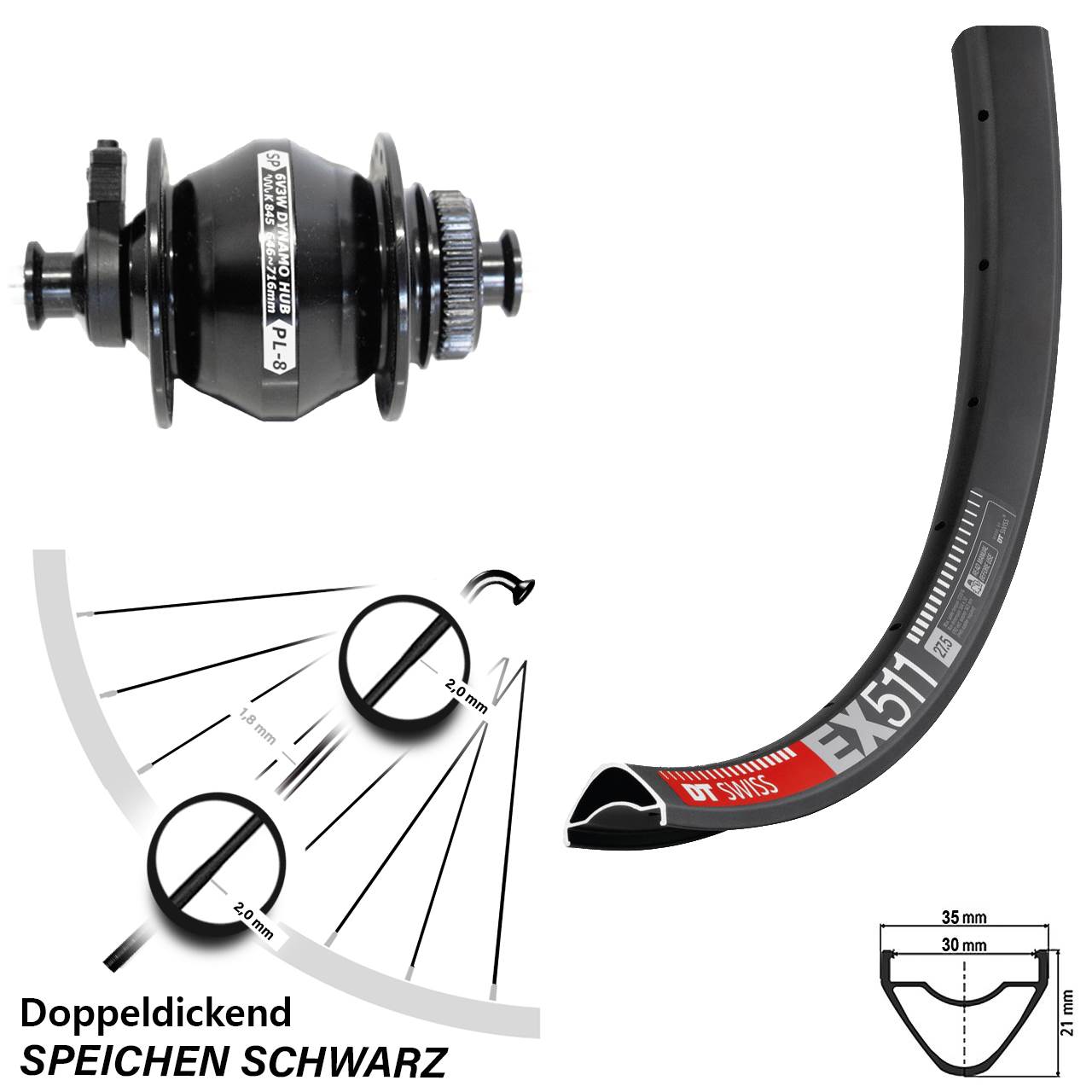 29 Zoll DT Swiss EX511 Shutter PL-8 Disc Nabendynamovorderrad für Schnellspanner