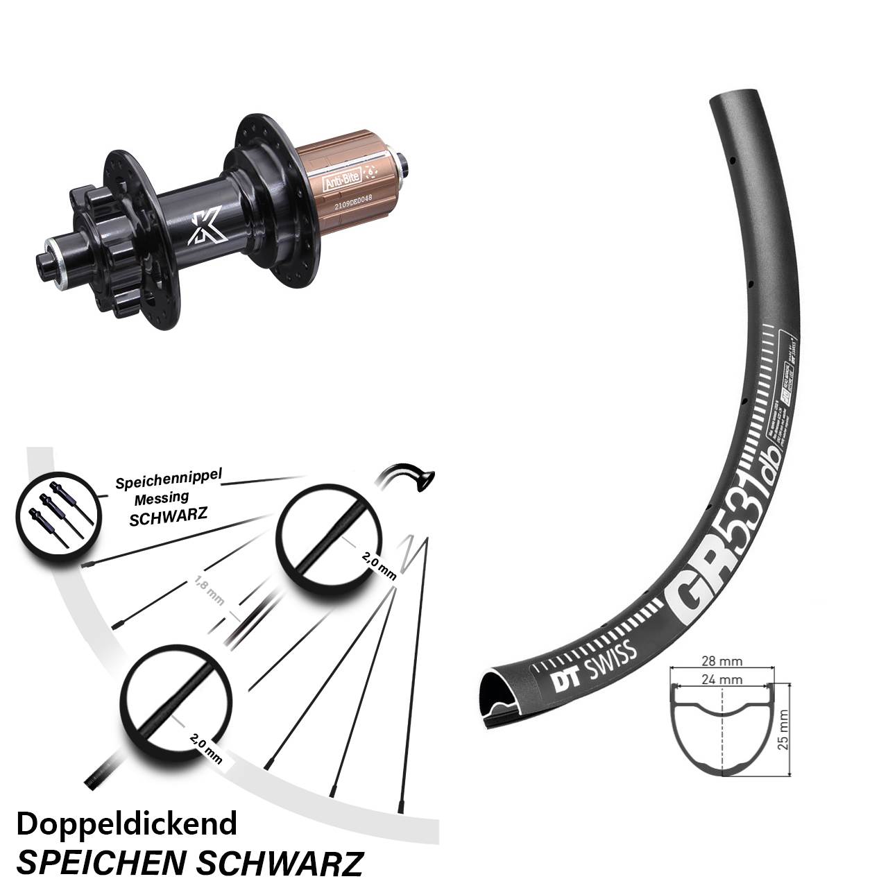 28 Zoll DT Swiss GR531 KX-M Disc Laufrad für Schnellspanner 8-12 fach HG