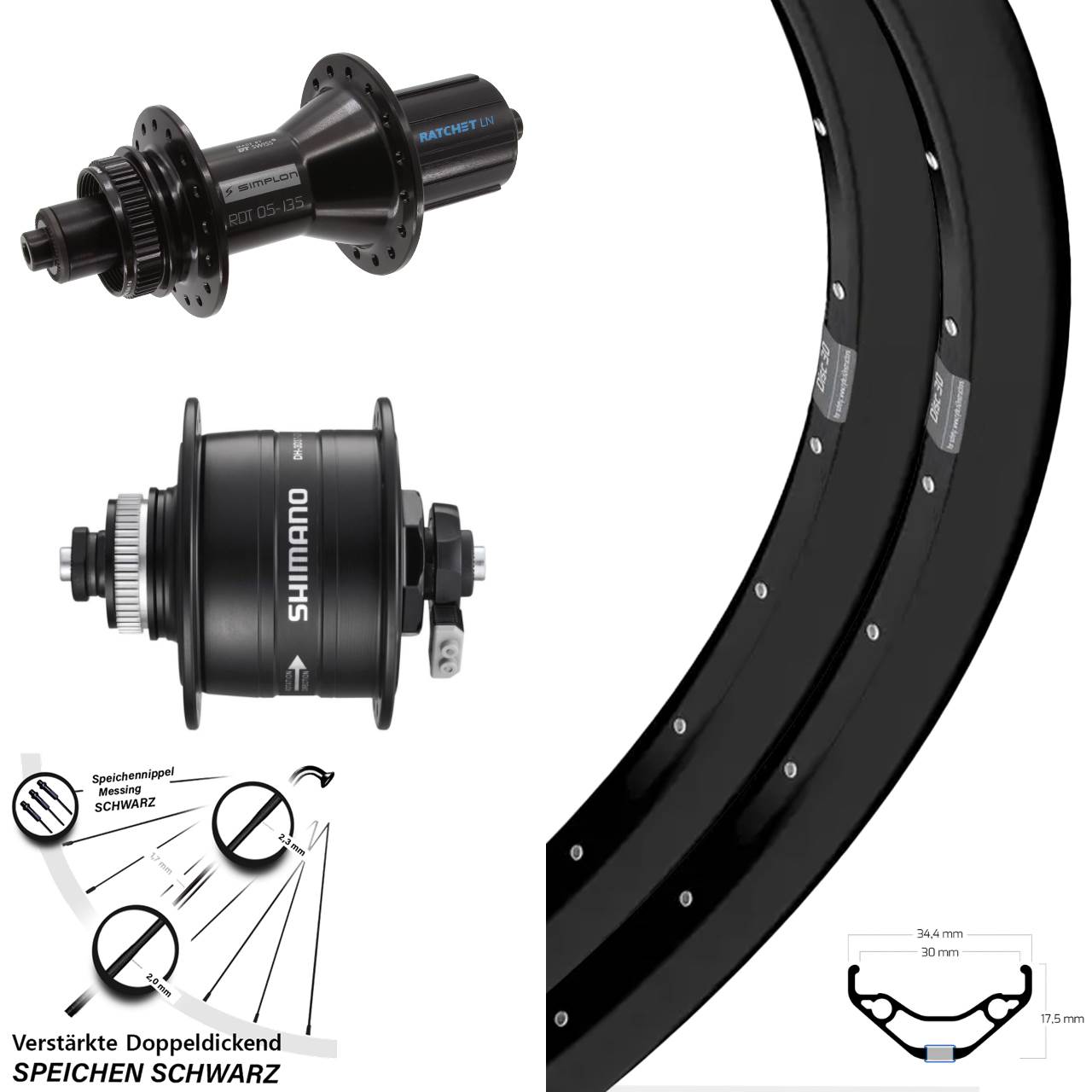 29 Zoll Ryde Disc 30 DT Swiss 370 Hybrid Shimano DH-3D37 Laufradsatz Disc QR 8-11 fach