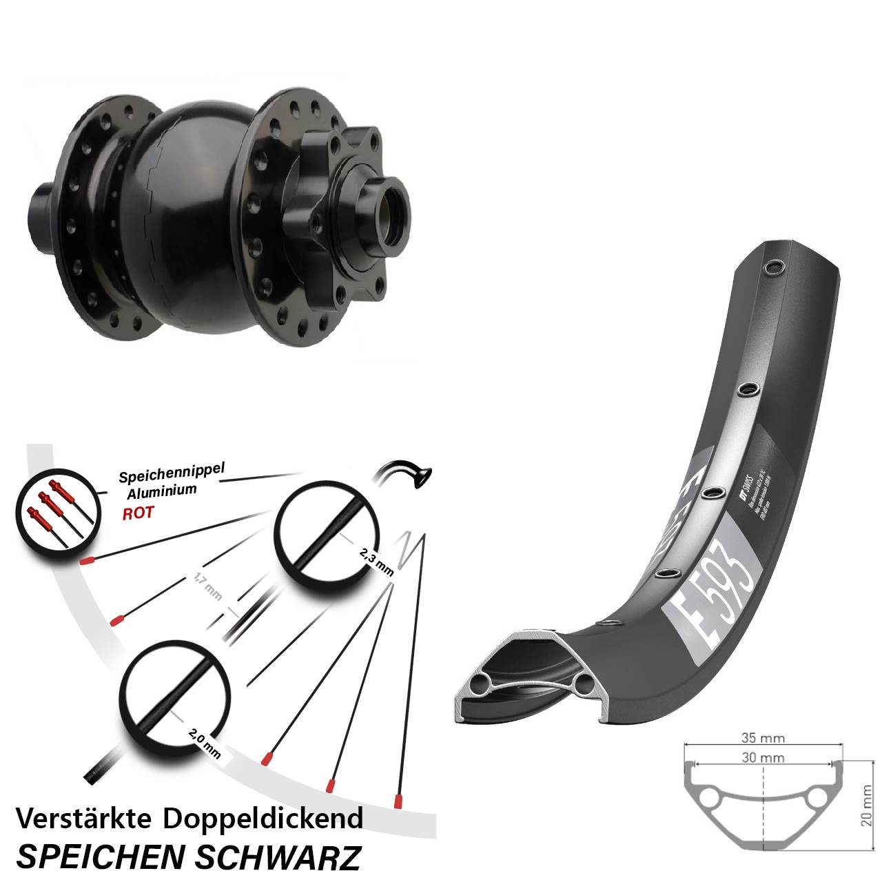 Boost Nabendynamovorderrad 6-Loch 15x110 29 Zoll DT Swiss E 593 SON 28 schwarz