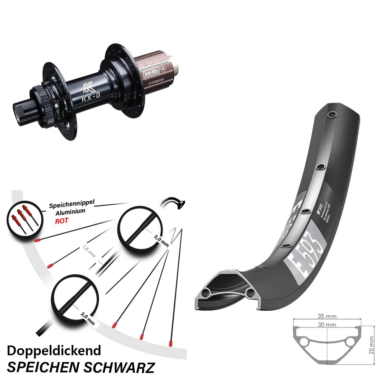 DT Swiss E593 27,5 Zoll Hinterrad KX-B Centerlock 8-12 fach 12x148