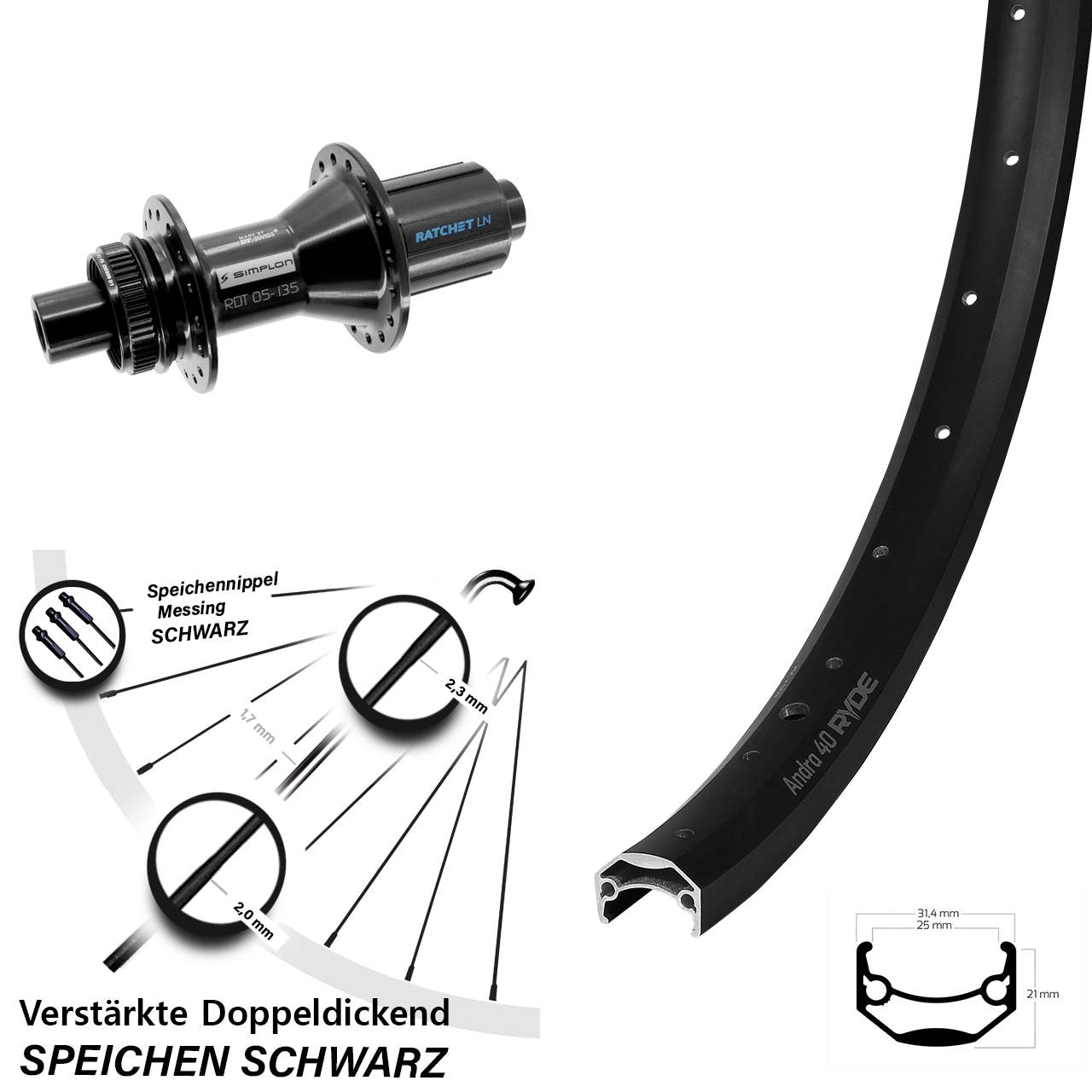 Centerlock Hinterrad 12x142 26 Zoll Ryde Andra 40 Disc DT Swiss 370 Hybrid 8-11 fach