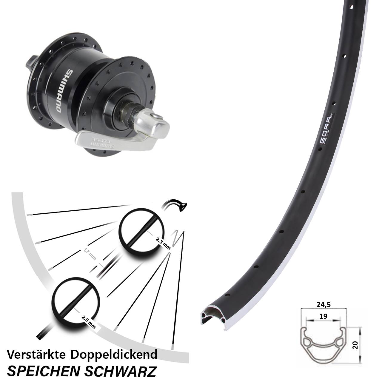 Nabendynamolaufrad 26 Zoll Gora 19 Shimano DH-3N72 QR