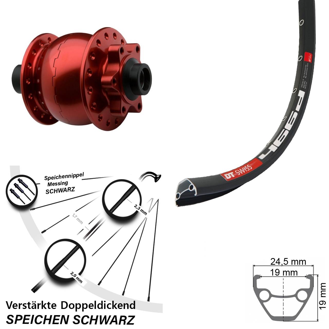 28-29 Zoll DT Swiss 466d SON 28 rot Disc Vorderrad mit Nabendynamo 15x100