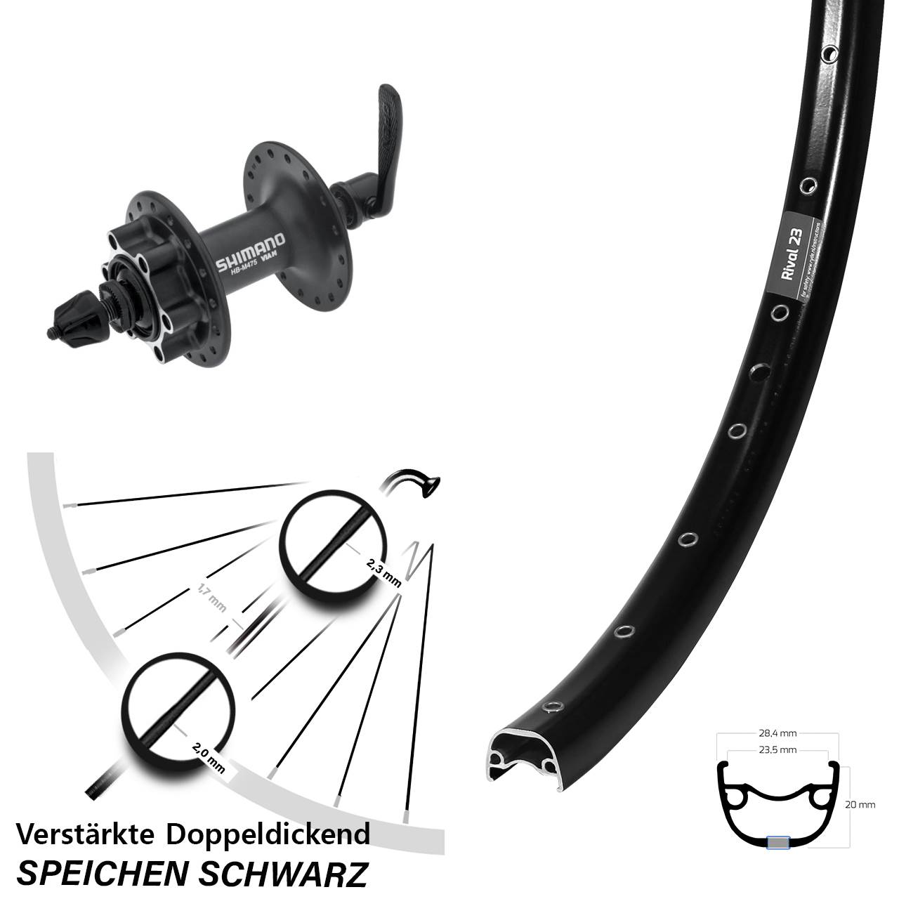 Disc Laufrad 27,5 Zoll Ryde Rival 23 Shimano HB-M475 für Schnellspanner