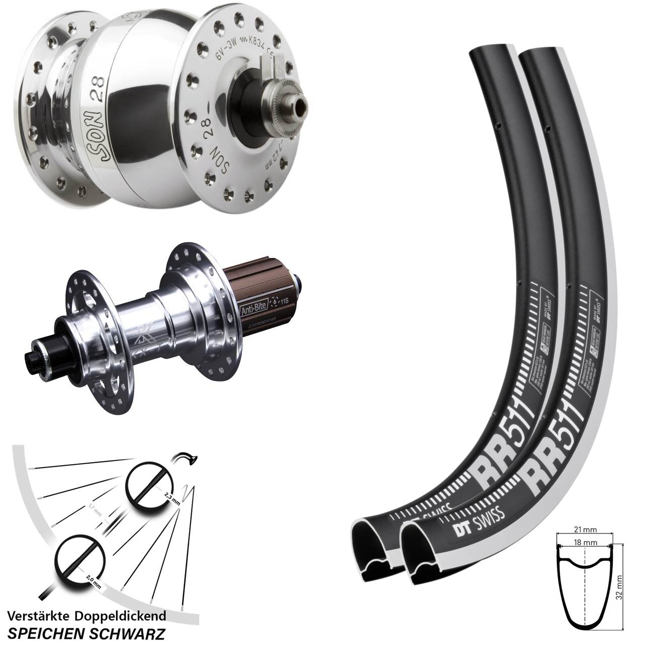 Laufradsatz QR 28 Zoll DT Swiss RR511 KX-T SON 28 poliert 8-12 fach HG
