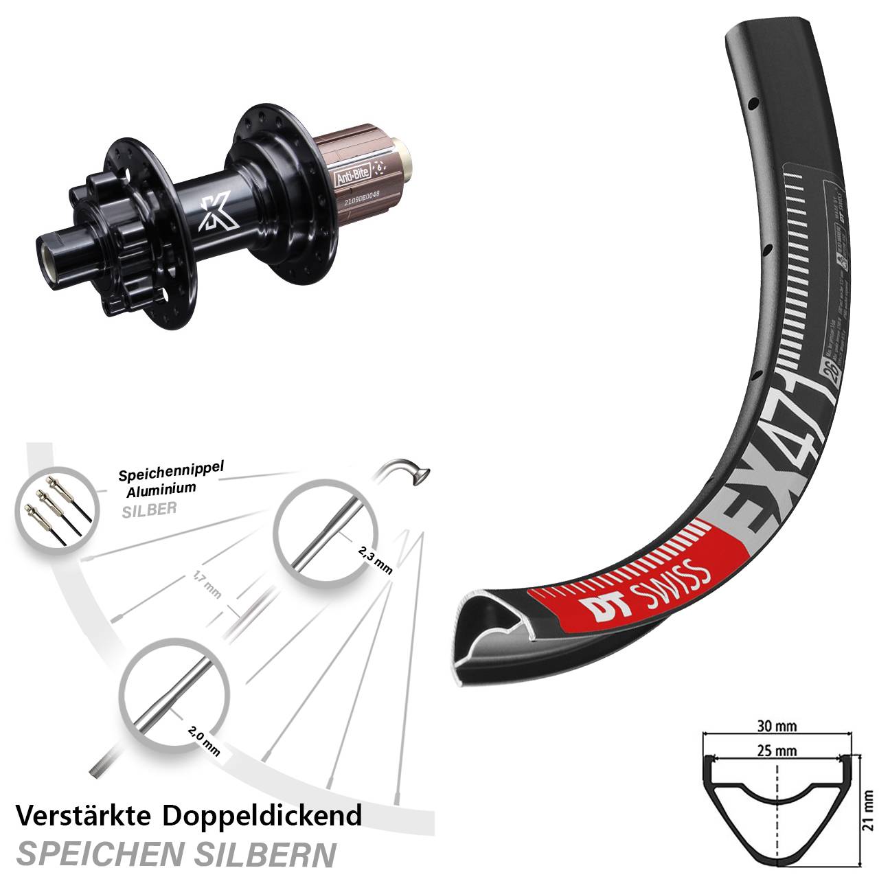Stabiles DT Swiss EX 471 Hinterrad 29 Zoll mit KX-M 6-loch Nabe 12x142 mm 8-12 fach