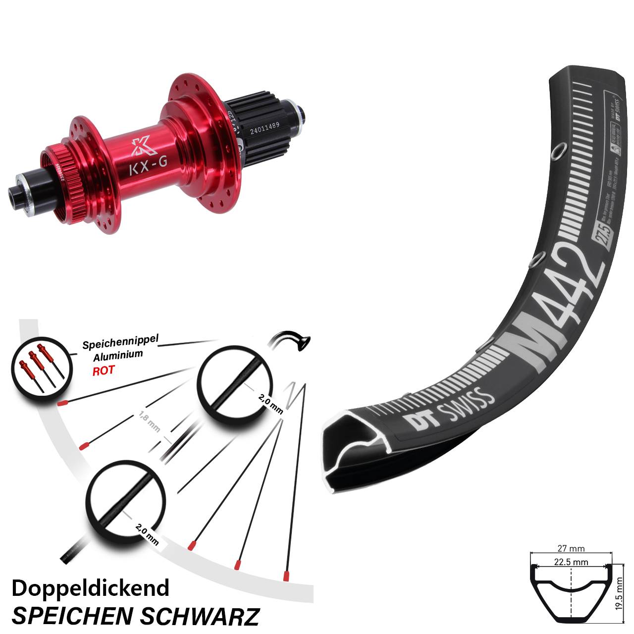 Hinterrad 28-29 Zoll DT Swiss M442 KX-G rot 5x135 Centerlock Micro Spline