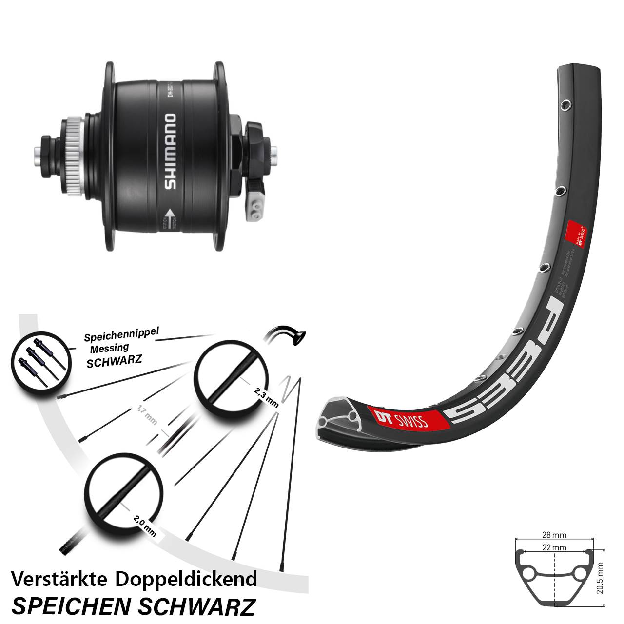 Disc Nabendynamo-Laufrad 26 Zoll DT Swiss 533 D Shimano DH-3D37 QR