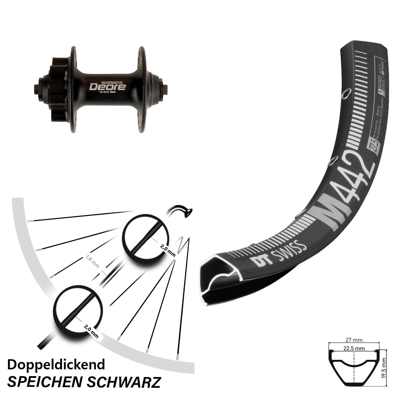 Disc Vorderrad QR 29 Zoll DT Swiss M 442 Shimano Deore HB-M525