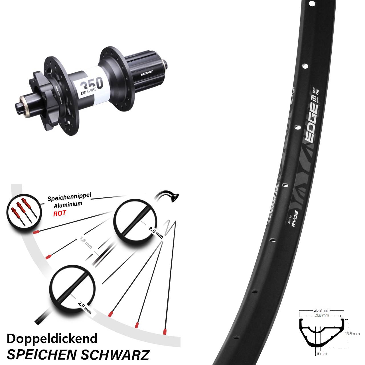 Ryde Edge M22 DT Swiss 350 29 Zoll 6-Loch Hinterrad QR Boost 8-11 fach
