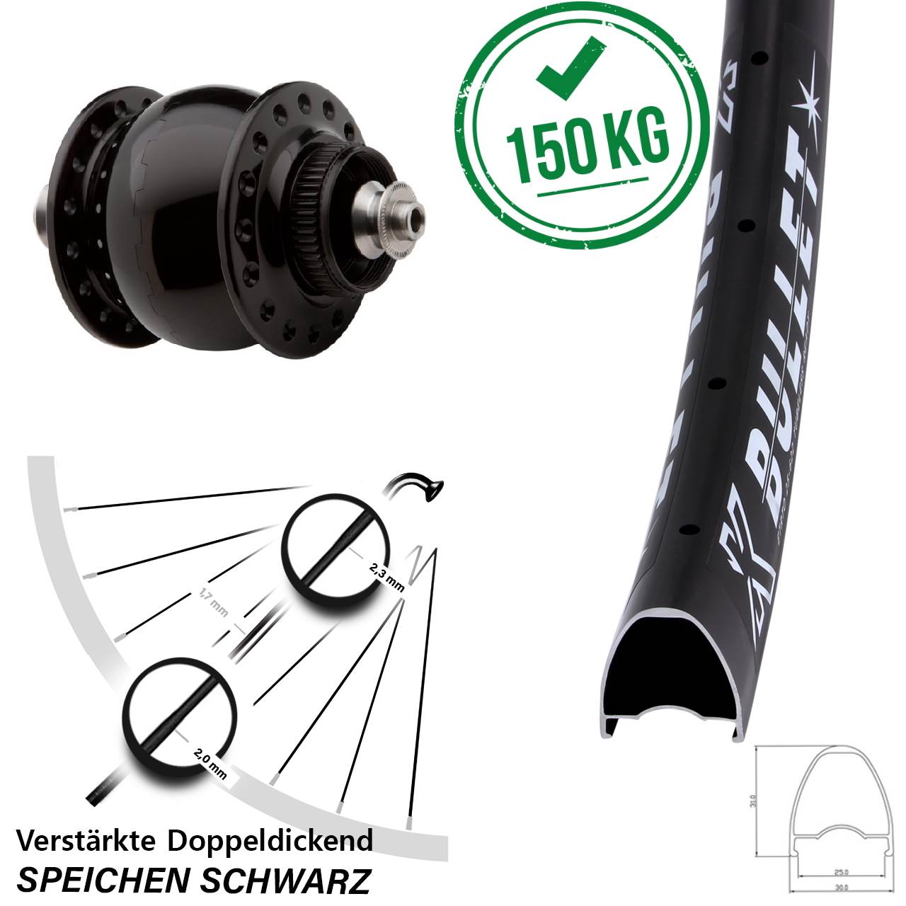 SONdelux KX Bullet 28-29 Zoll Centerlock Dynamovorderrad für Schnellspanner