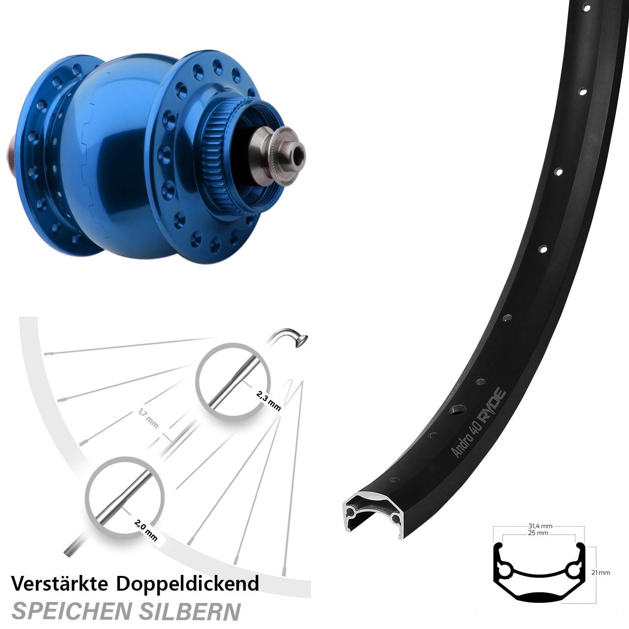 SON 28 blau Ryde Andra 40 Disc 20 Zoll Laufrad mit Nabendynamo QR