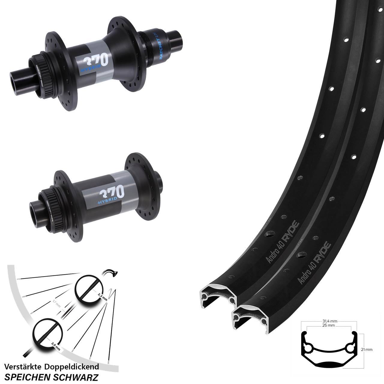 Ryde Andra 40 DT Swiss 370 Hybrid 650B Disc Laufrad-Satz 15x110 12x148 XD