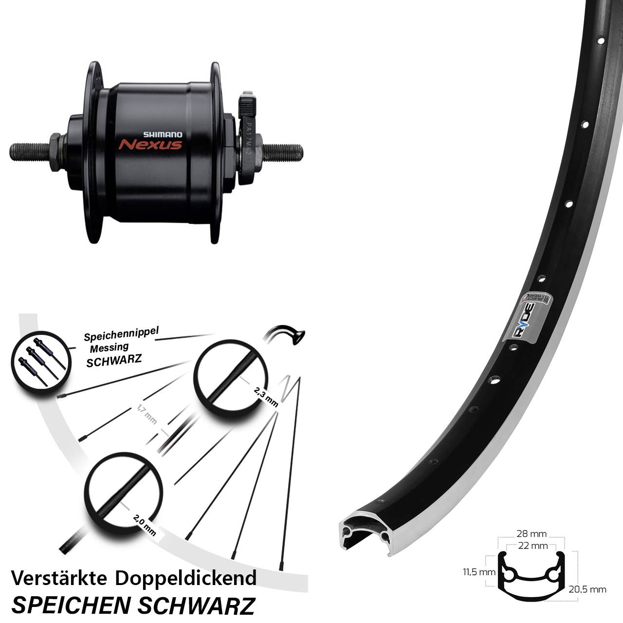 27,5 Zoll Ryde Andra 35 Shimano Nexus DH-C3000-3N Dynamo-Vorderrad Vollachse