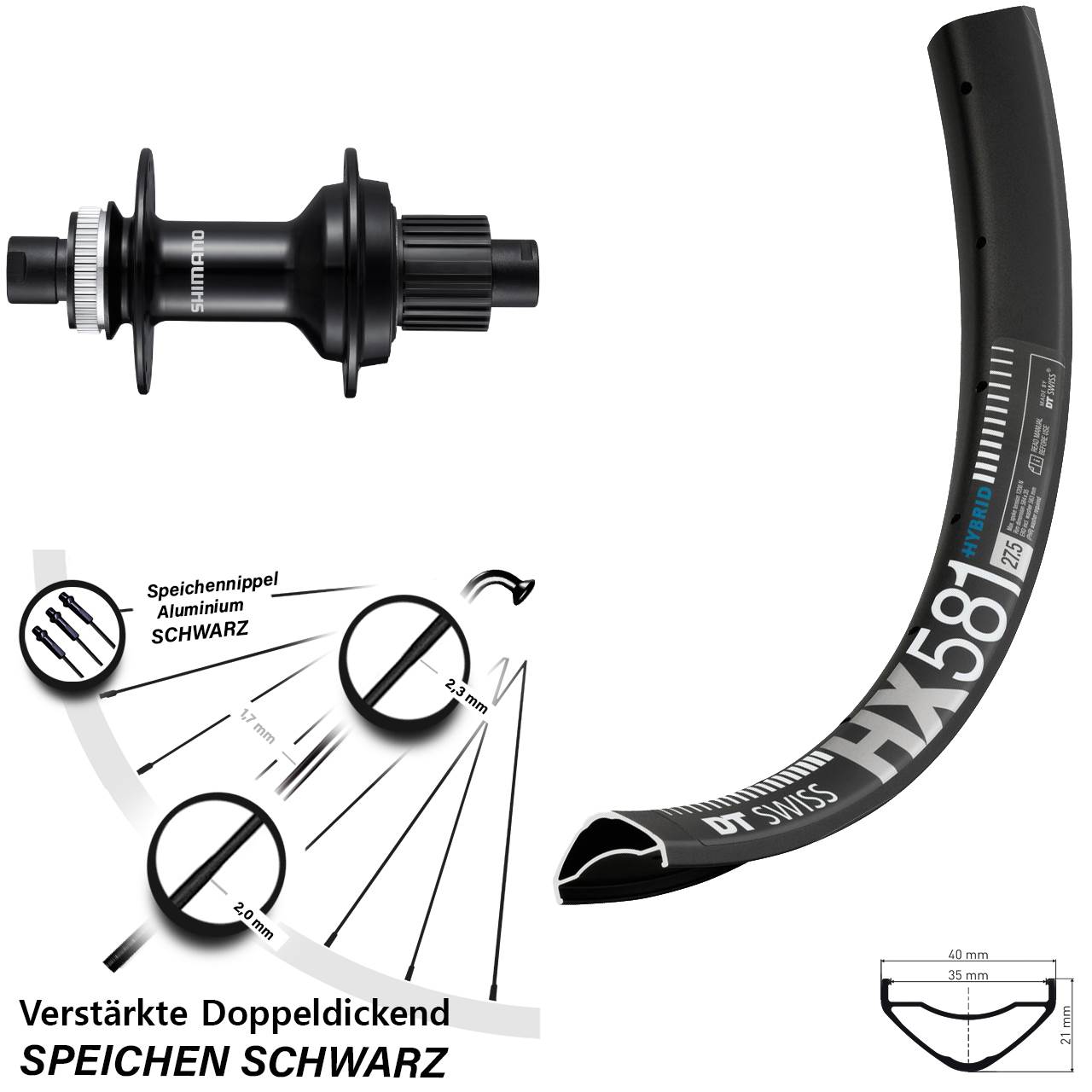 27,5 Zoll DT Swiss HX 581 Shimano FH-MT510-B Disc Hinterrad 12x148 Micro Spline