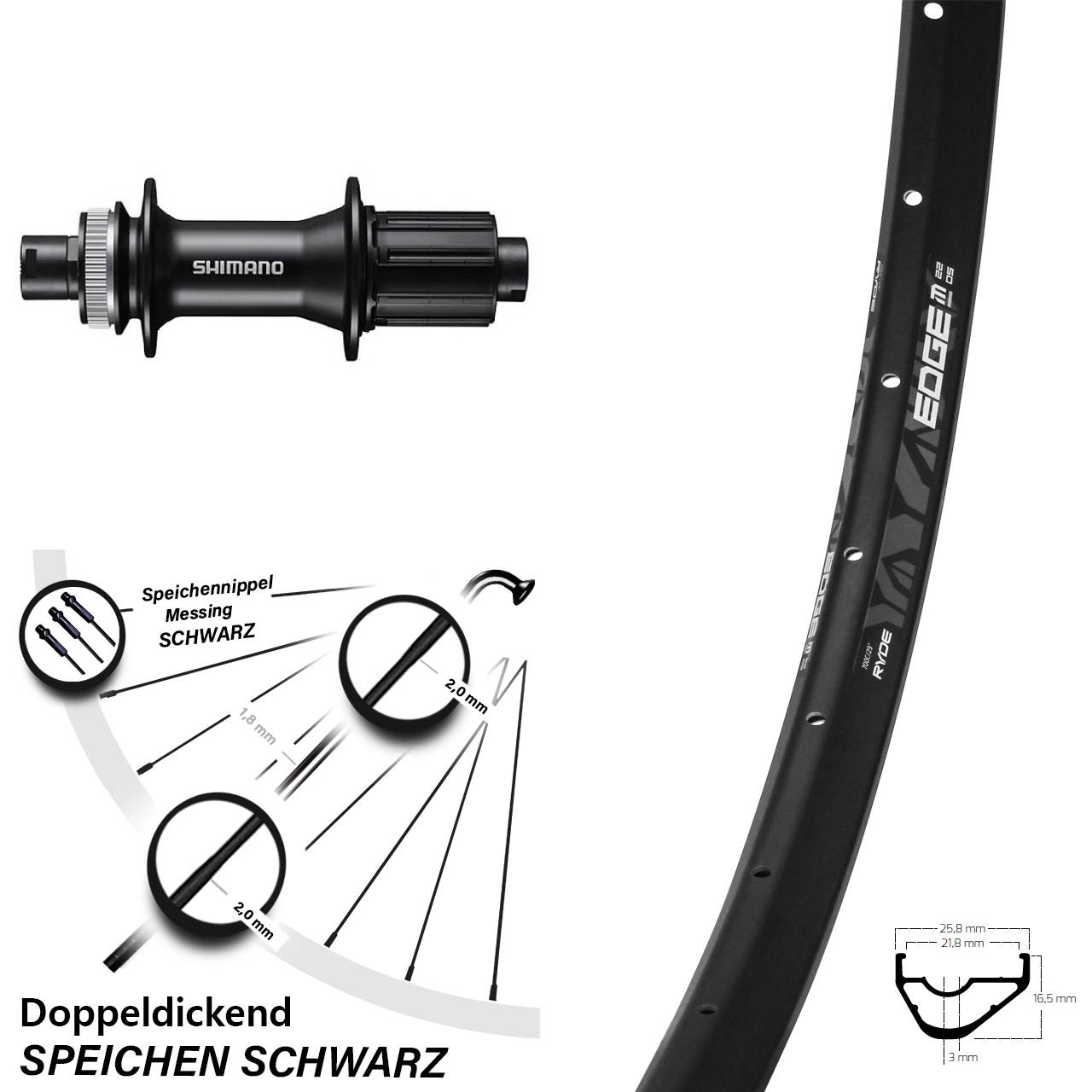 Disc Hinterrad 28-29 Zoll Ryde Edge M22 OS Shimano FH-MT400 8-11 fach HG 12x142