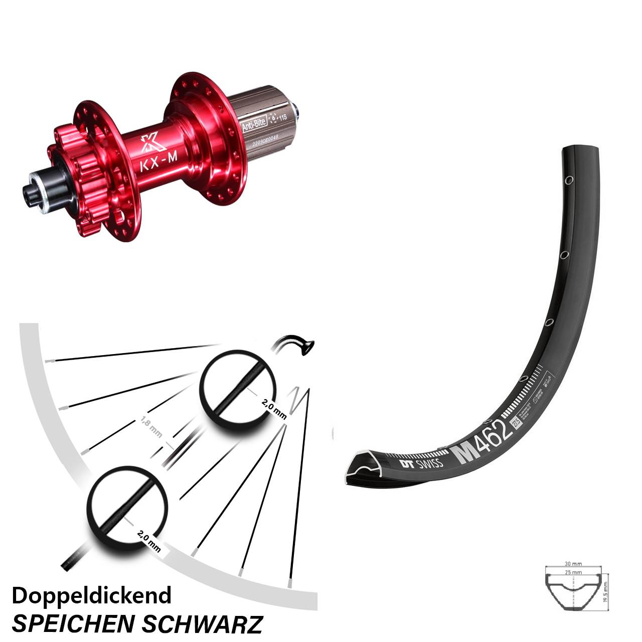 DT Swiss M462 KX-M rot 27,5 Zoll Disc Hinterrad QR 8-12 fach