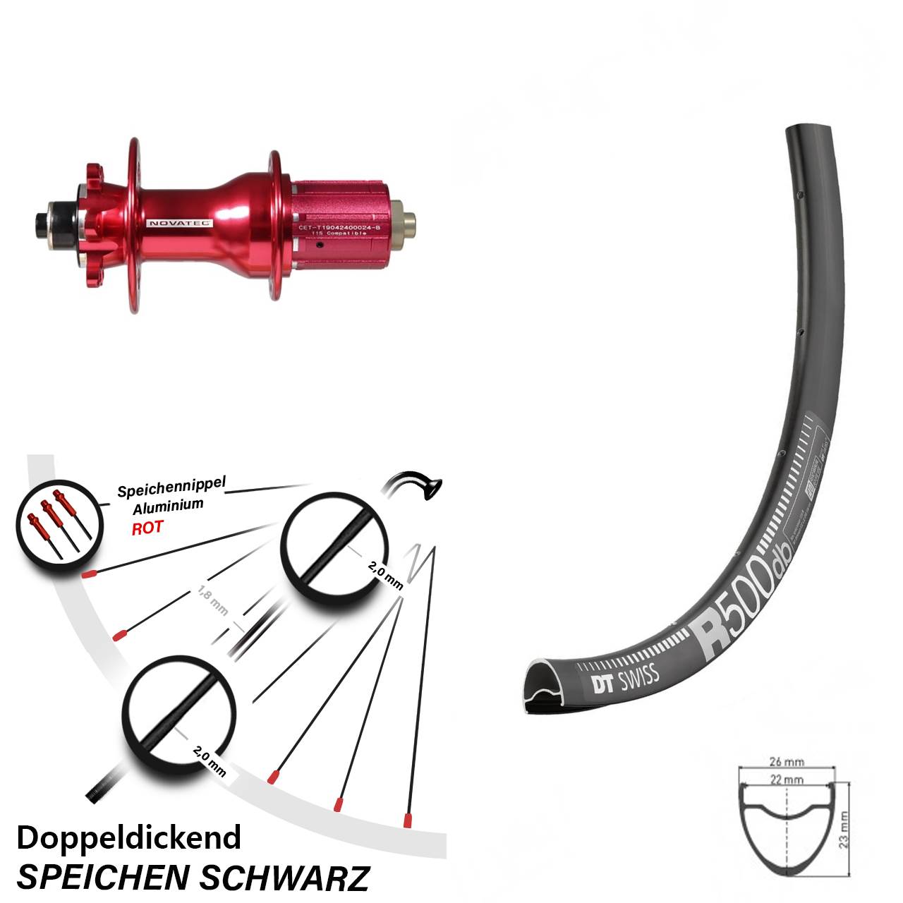 Hinterrad DT Swiss R 500 DB Disc Novatec D792SB rot 11-fach