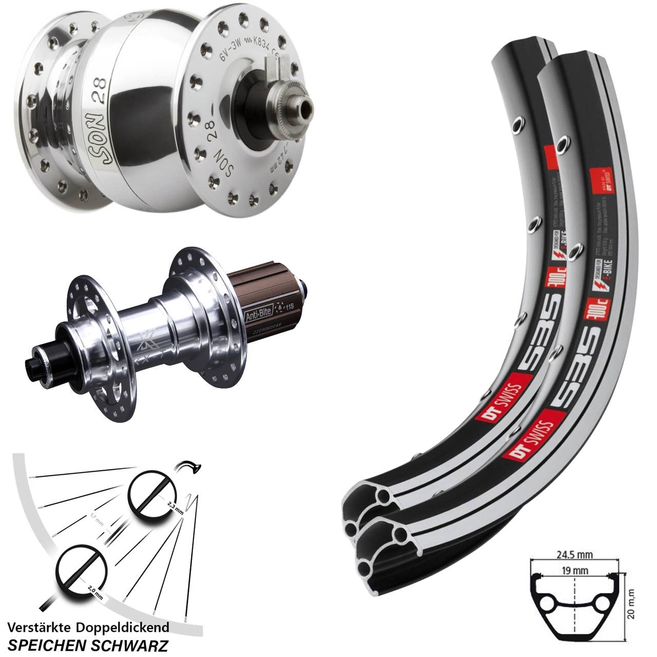 SON 28 Zoll DT Swiss 535 KX-T poliert Laufrad-Satz für Schnellspanner 8-12 fach