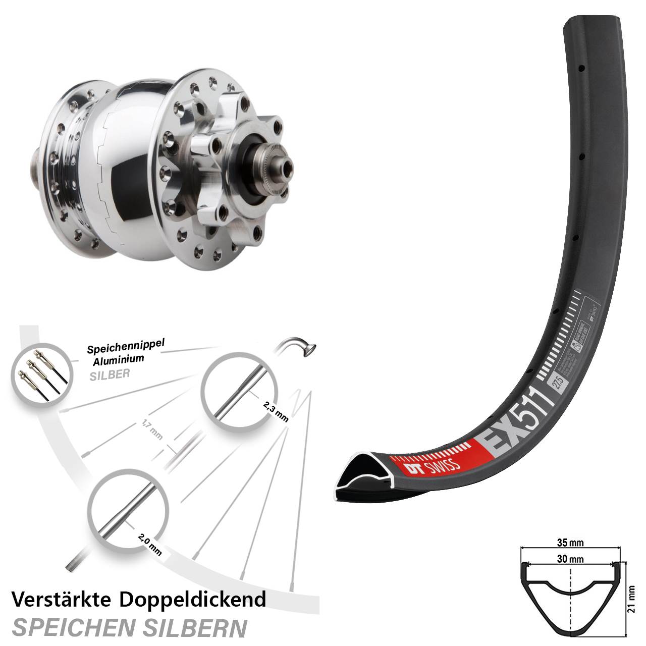 Disc Laufrad mit Nabendynamo 29 Zoll DT Swiss EX511 SON 28 poliert QR
