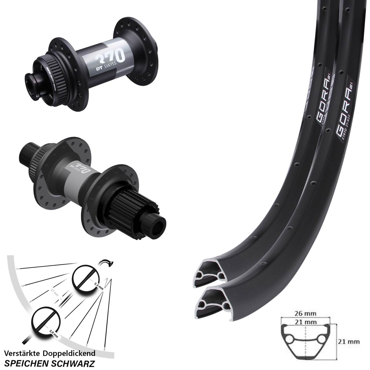 Disc Laufrad-Satz 27,5 Zoll Gora 21 DT Swiss 370 Shimano Micro Spline 12x100/142