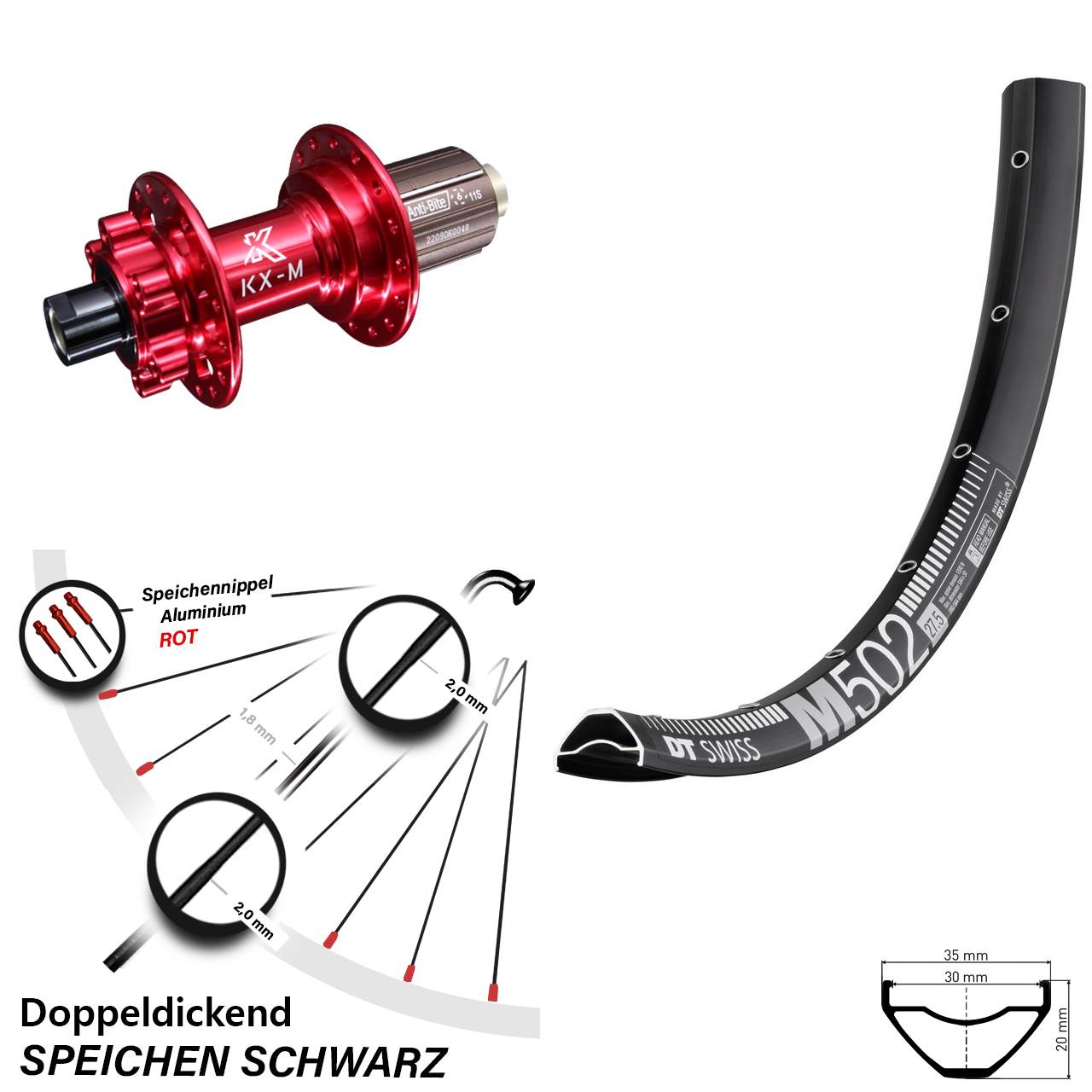 DT Swiss M 502 27,5 Zoll Hinterrad KX-M 8-12 fach 12x142