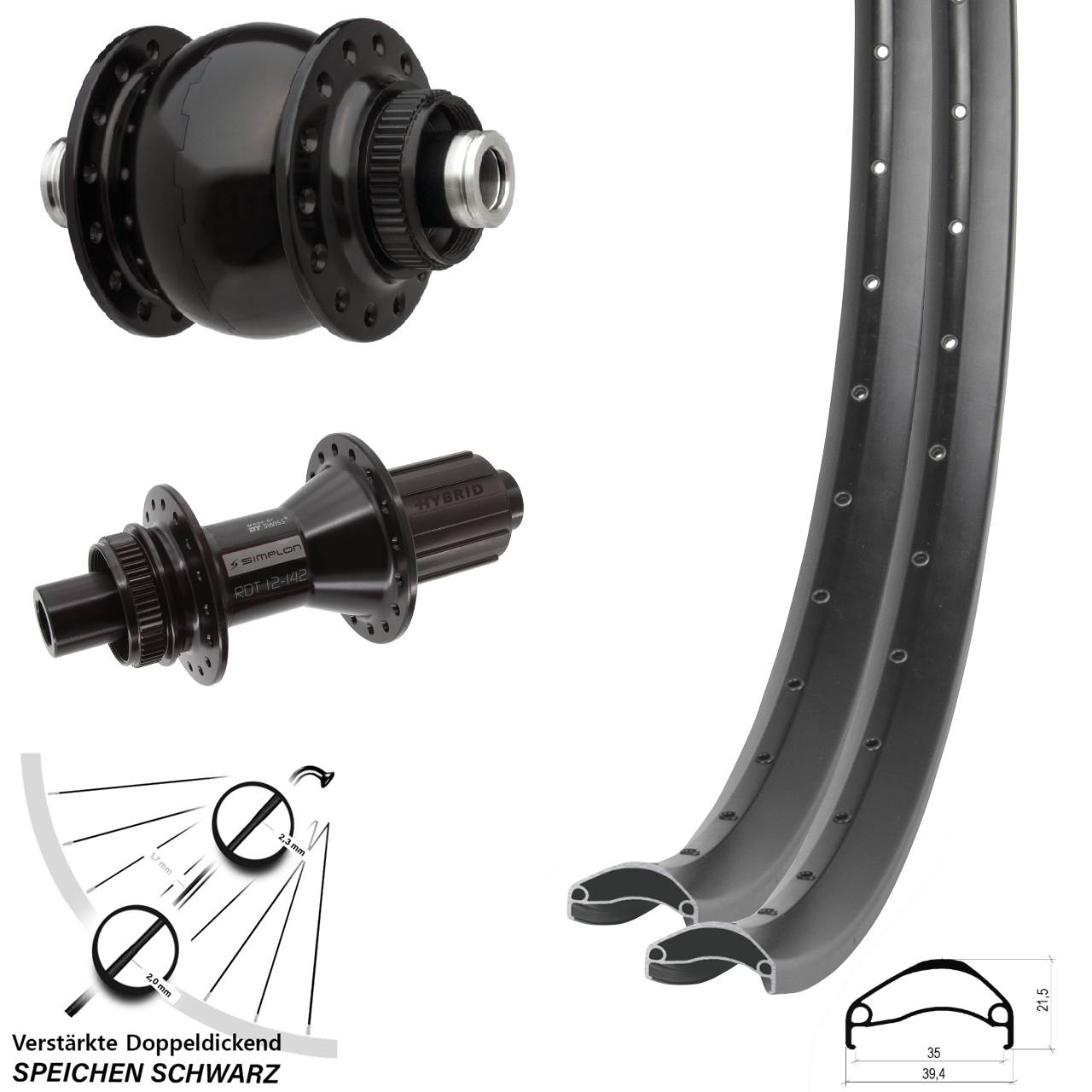 Disc Laufradsatz 12x100/142 27,5 Zoll Ambrosio E35 DT Swiss 370 Hybrid SON 28 8-11 fach