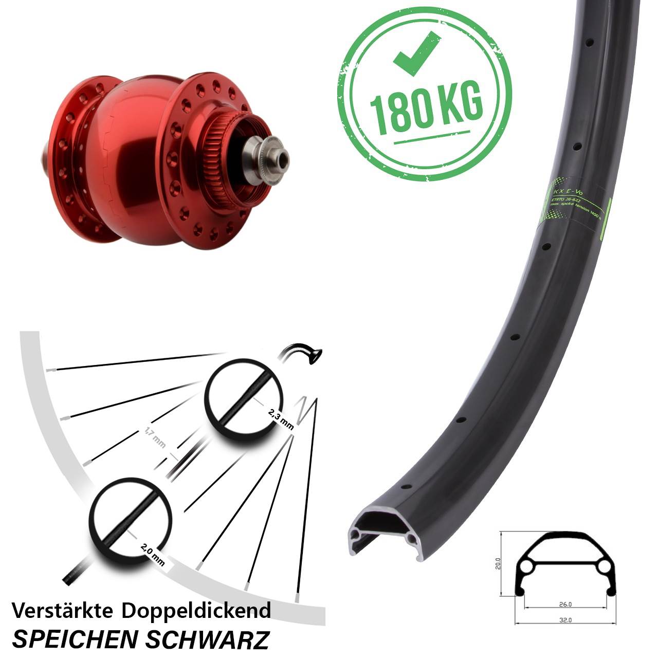 27,5 Zoll Nabendynamovorderrad KX Evo SON 28 rot für Schnellspanner