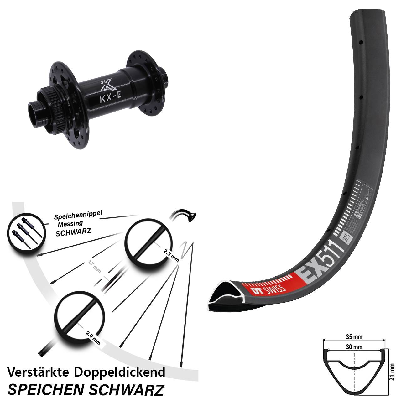 27,5 Zoll DT Swiss EX511 KX-E Heavy Duty Vorderrad Centerlock 15x110 Boost