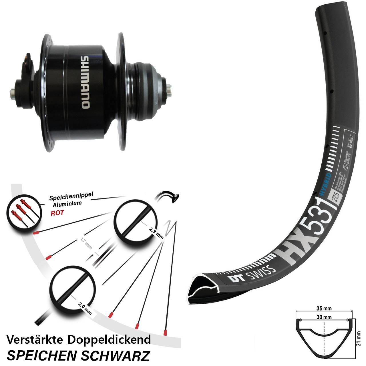 Disc Nabendynamovorderrad 29 Zoll DT Swiss HX 531 Shimano DH-3D72 für Schnellspanner