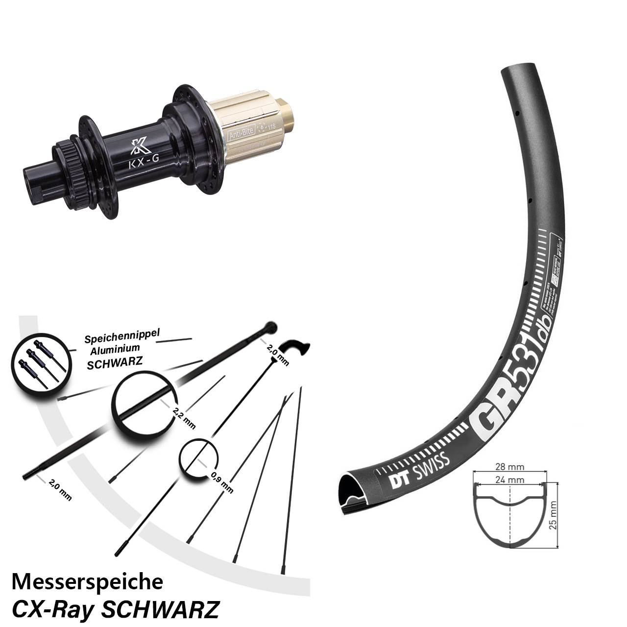 28 Zoll Hinterrad KX-G 12x142 mm Centerlock CX Ray Messerspeiche 8-12 fach DT Swiss GR 531