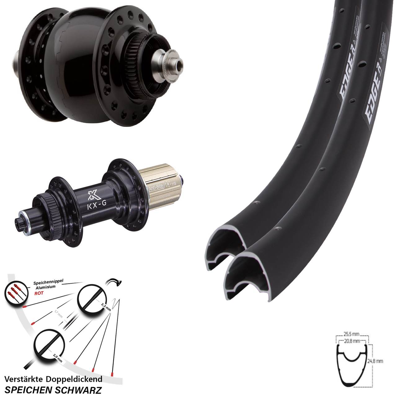 Disc Laufradsatz 28 Zoll Ryde Edge R25 Offset KX-G SON 28 8-12 fach HG für Schnellspanner
