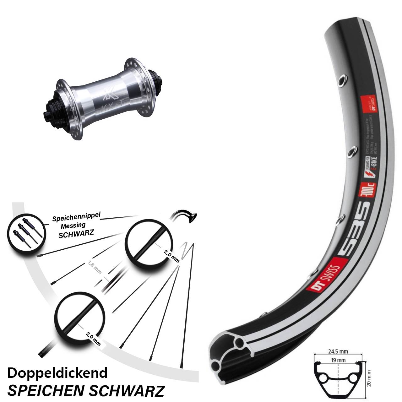 28 Zoll Vorderrad KX-T silbern DT Swiss 535