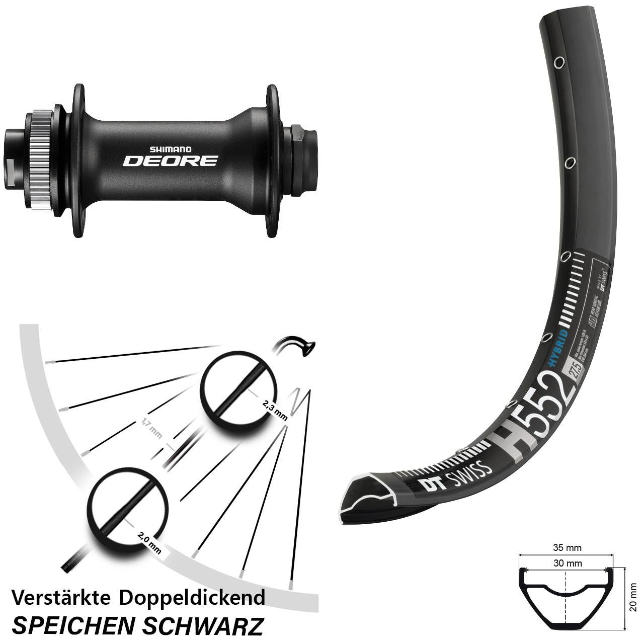 27,5 Zoll DT Swiss H552 Shimano Deore Vorderrad Centerlock 15x110 Boost