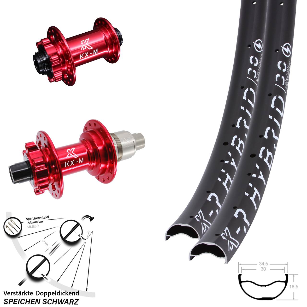 Laufradsatz 6-Loch 12x100/142 29 Zoll KX-MR Hybrid 30 rot SRAM XD