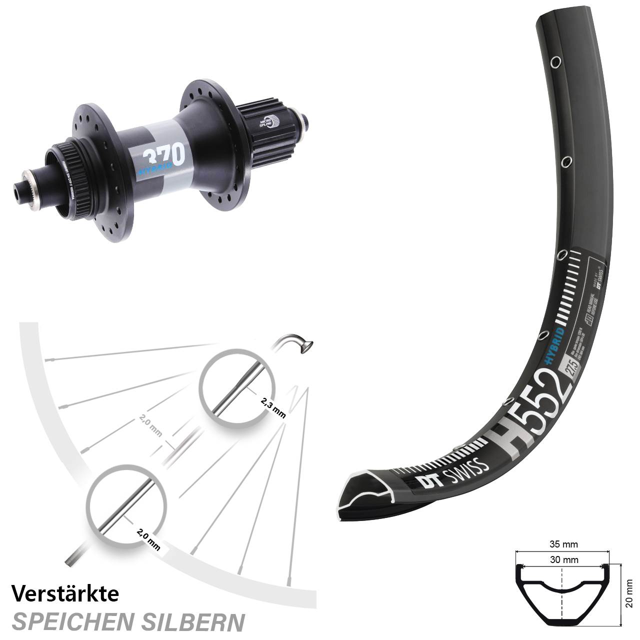 Centerlock Hinterrad 27,5 Zoll DT Swiss H 552 370 Hybrid Shimano Micro Spline QR Boost