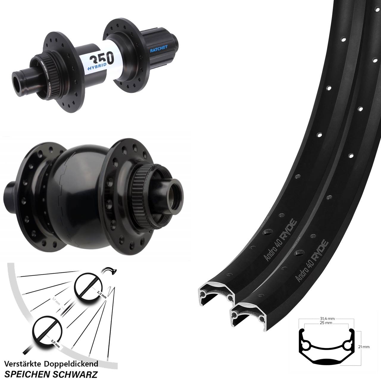Ryde Andra 40 DT Swiss Hybrid 350 SON 28 27,5 Zoll Disc Laufrad-Satz Boost 8-11 fach HG