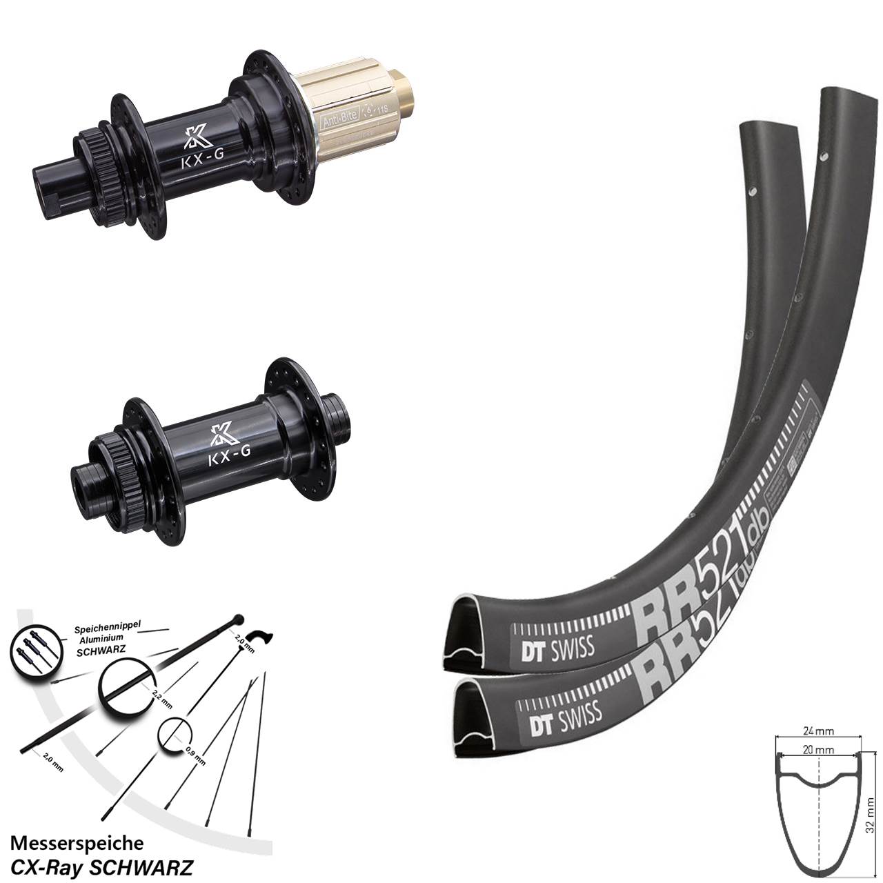 DT Swiss RR 521 KX-G Road schwarz Steckachse CX Ray Messerspeiche 28 Zoll Laufradsatz